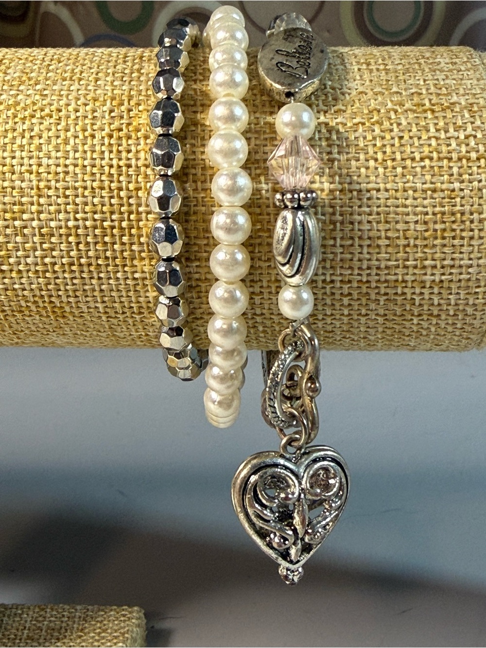 Curated Beaded Pearl and Silver Heart Charm Bracelet Stack- White and Silver B11